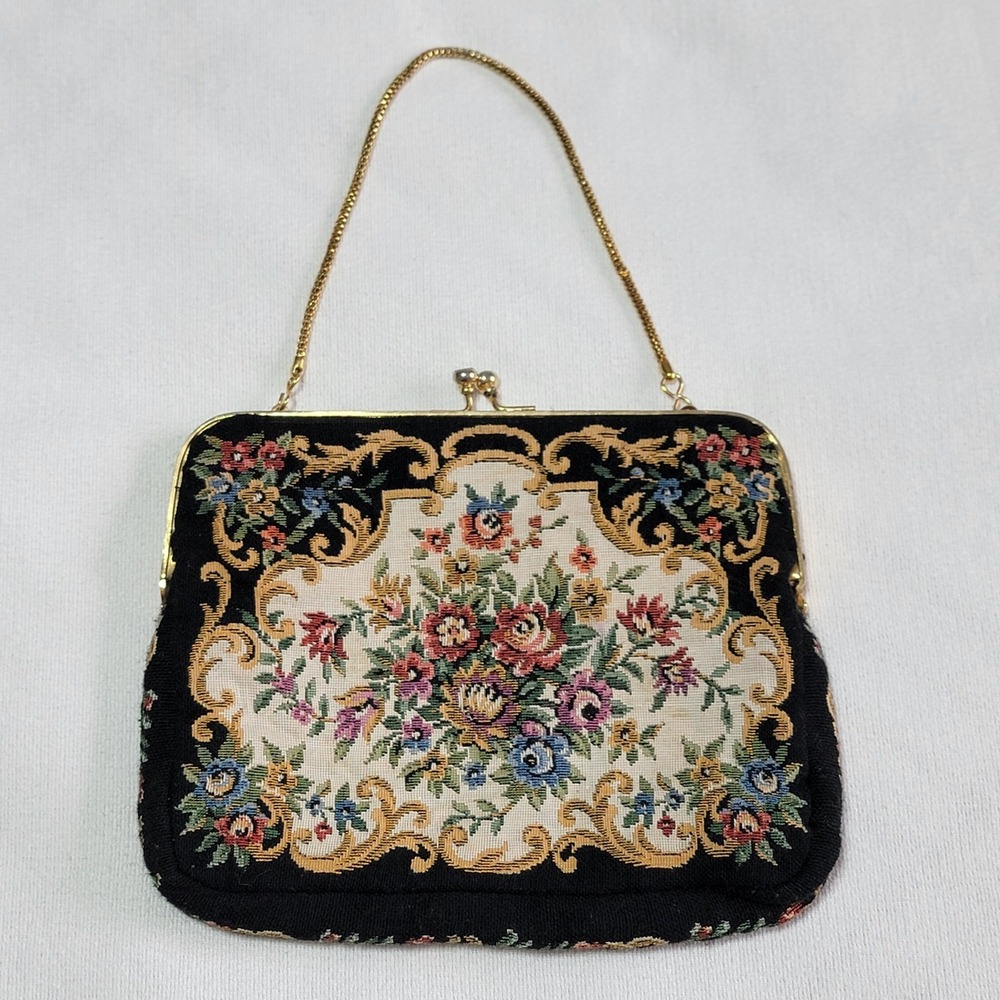 Vintage 1950's Floral Tapestry Purse Clutch Bag with Gold Clasp & Chain